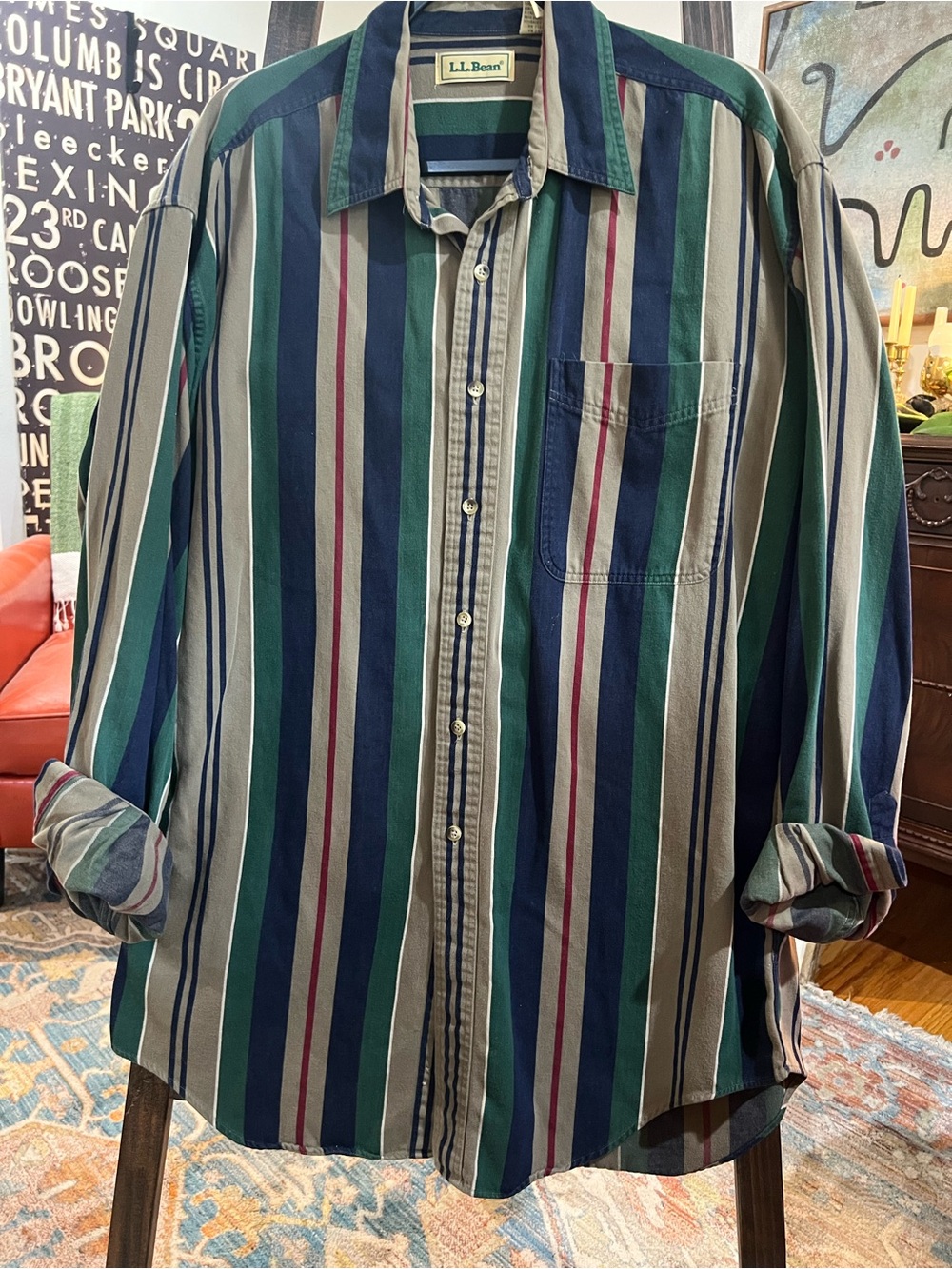 L.L. Bean Men's 90’s Preppy Multi-Stripe Button Green, Navy, Beige Large
